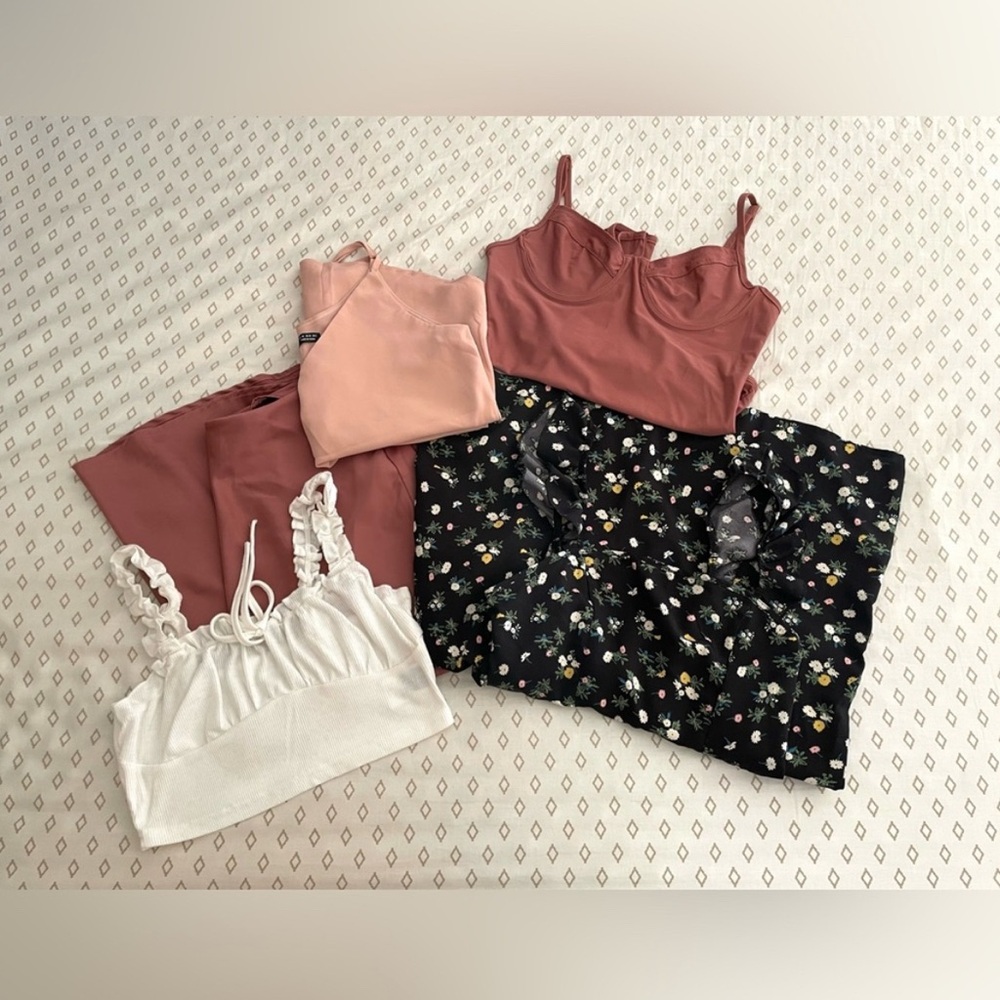 SHEIN Pink & White Floral Mix Crop Tops and Skirt Set